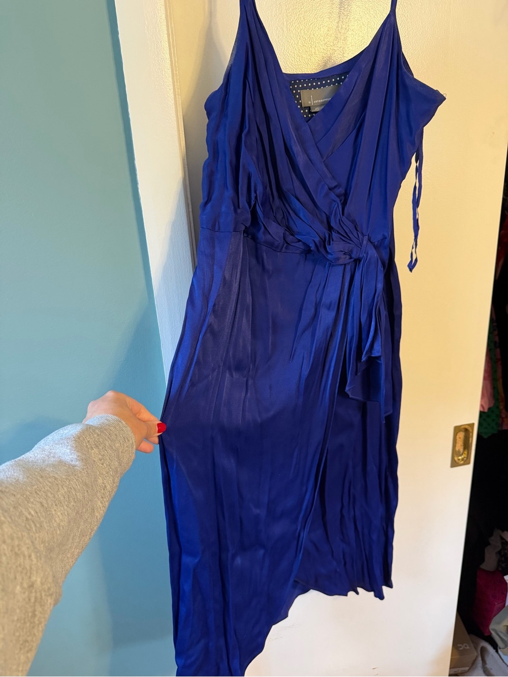 Anthropologie Royal Blue One-Shoulder Wrap Midi Dress